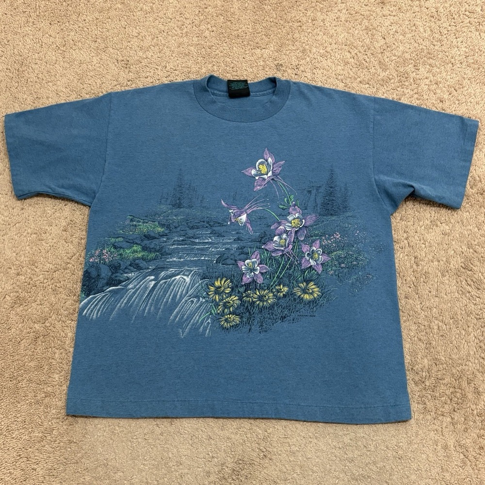 Vintage Habitat Flower Nature T-Shirt Women's Large Blue Botanical Garden Floral